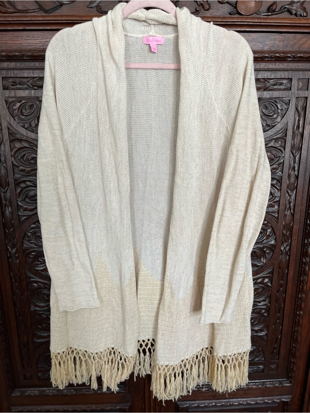 Lilly Pulitzer Taru, Cream Open-Front Fringe Knit Cardigan